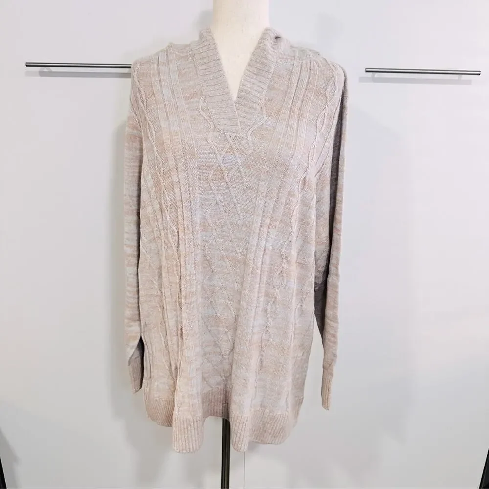 Market & Spruce Size 3X Casual Preppy Tan Neutral Cable Knit Hooded Sweater - Picture 2 of 11